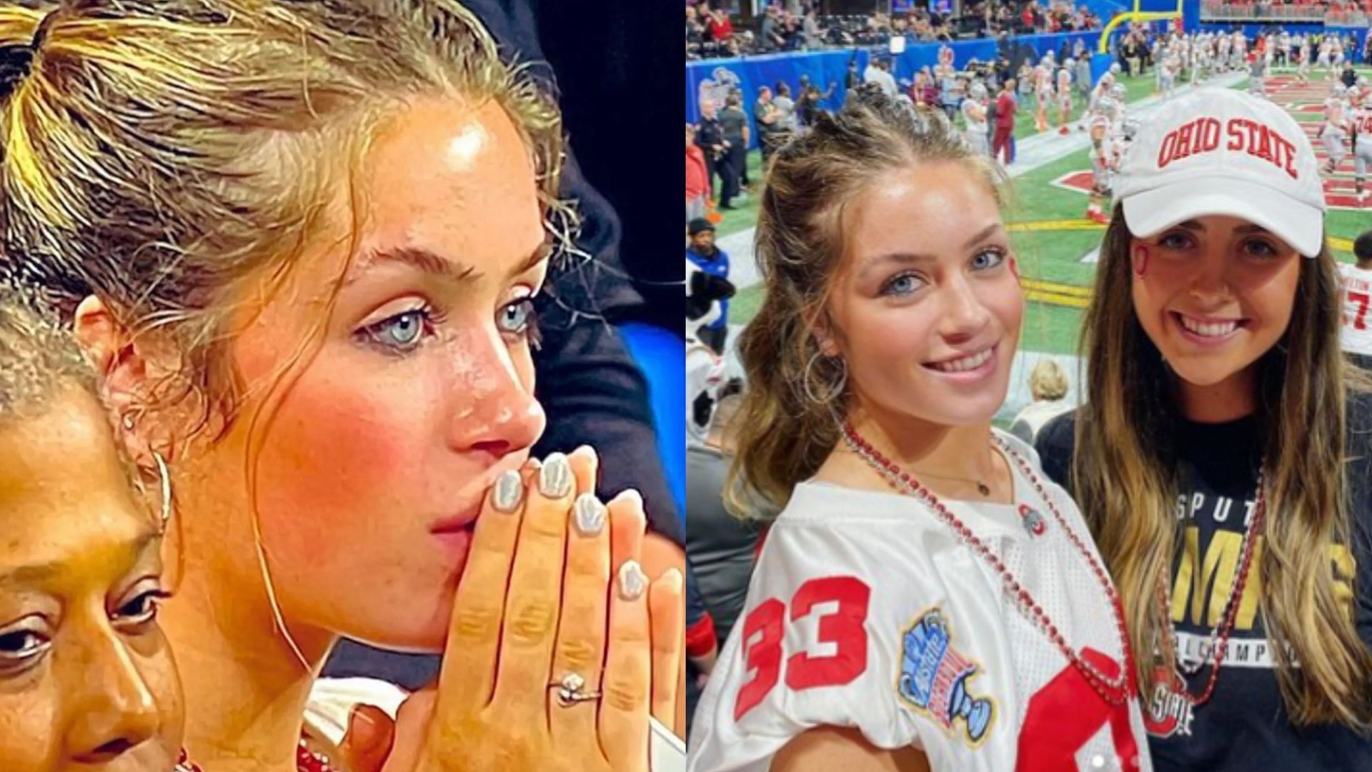 The identity of Ohio State fan Peach Bowl Girl who went viral, has been revealed as Xavier University lacrosse player Catherine Gurd. (Image via Instagram/@ESPN, catherinegurd)