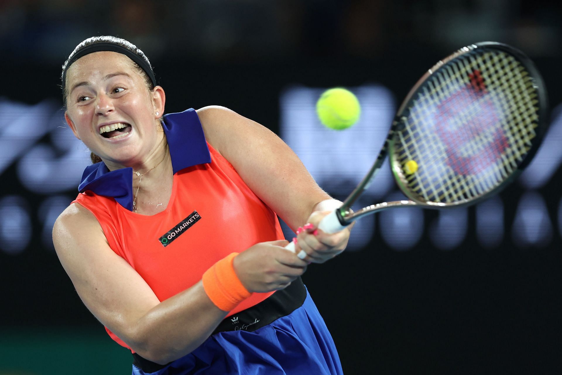 Jelena Ostapenko plays a backhand during the quarterfinal singles match against Elena Rybakina