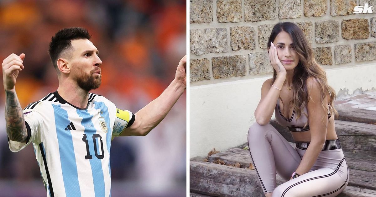 Lionel Messi explains gesture to wife Antonela Roccuzzo after 2022 FIFA World Cup win.