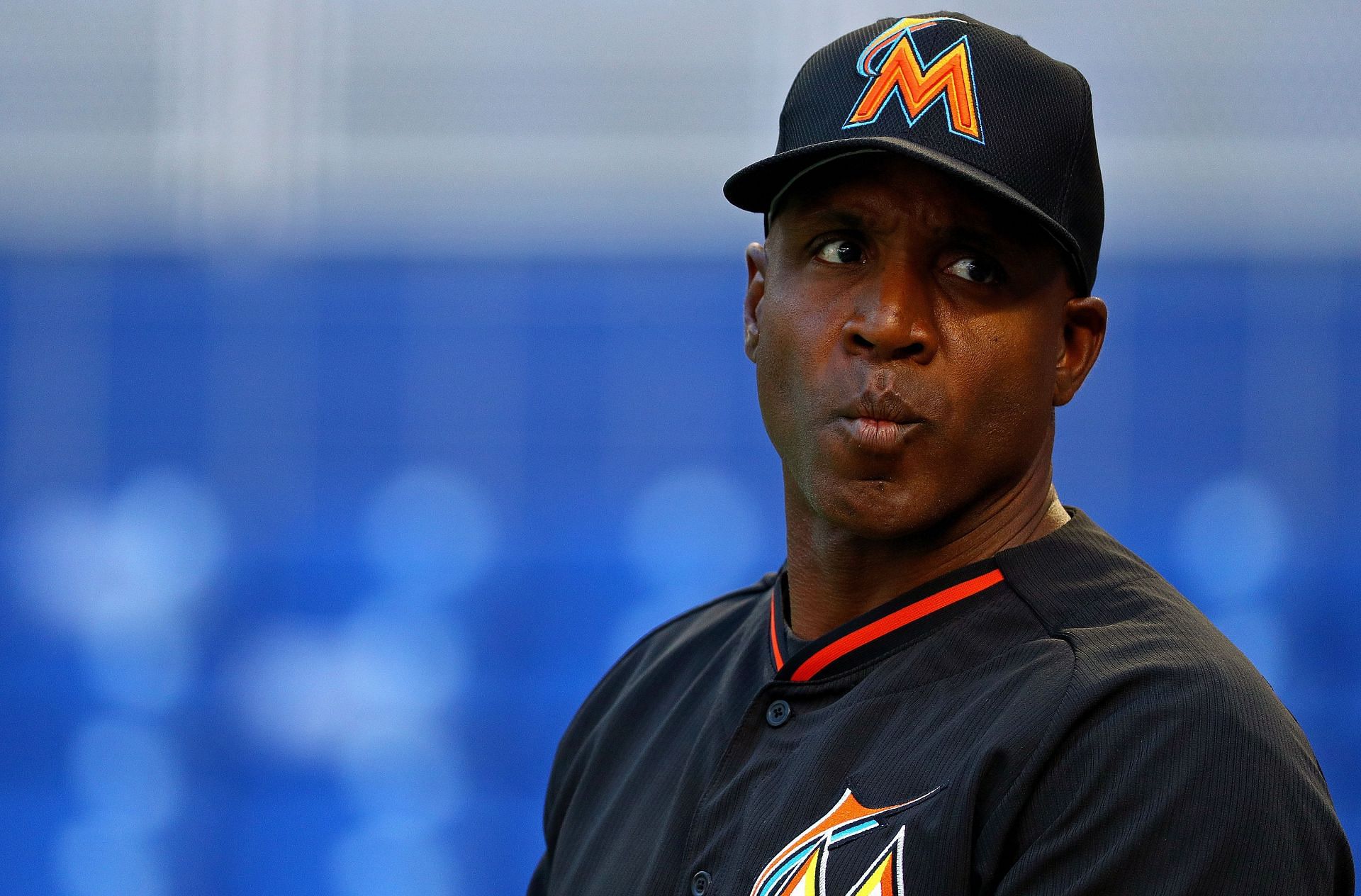 Hitting coach Barry Bonds of the Miami Marlins looks on during 2016 Opening Day against the Detroit Tigers at Marlins Park - April 5, 2016 (Photo by Mike Ehrmann/Getty Images)