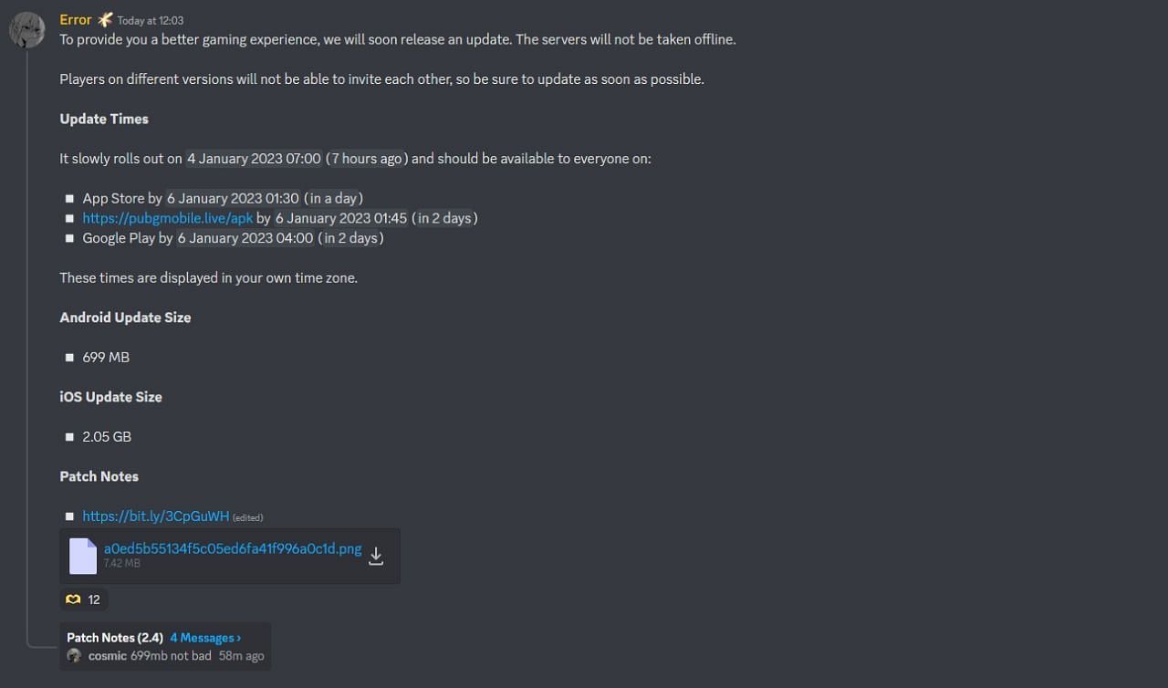 A snippet from PUBG Mobile&#039;s official Discord server showcasing the release date and time for the January update (Image via Discord)