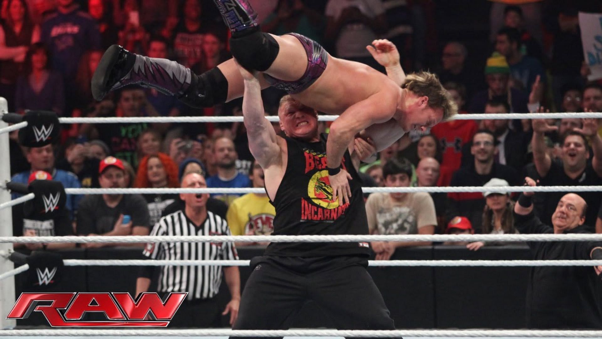 Brock Lesnar and Chris Jericho during a 2014 match.