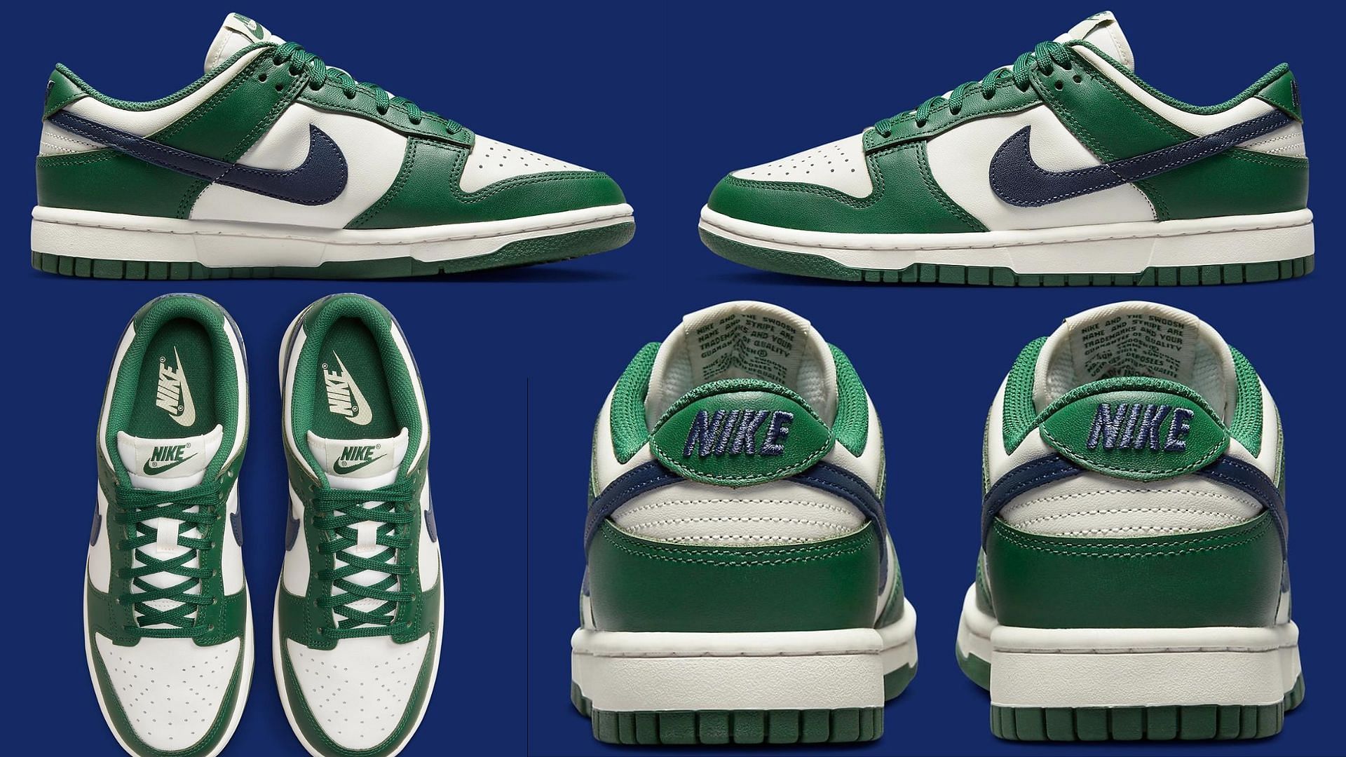 The upcoming Nike Dunk Low &quot;Gorge Green&quot; sneakers feature midnight navy swooshes and a white base (Image via Nike)