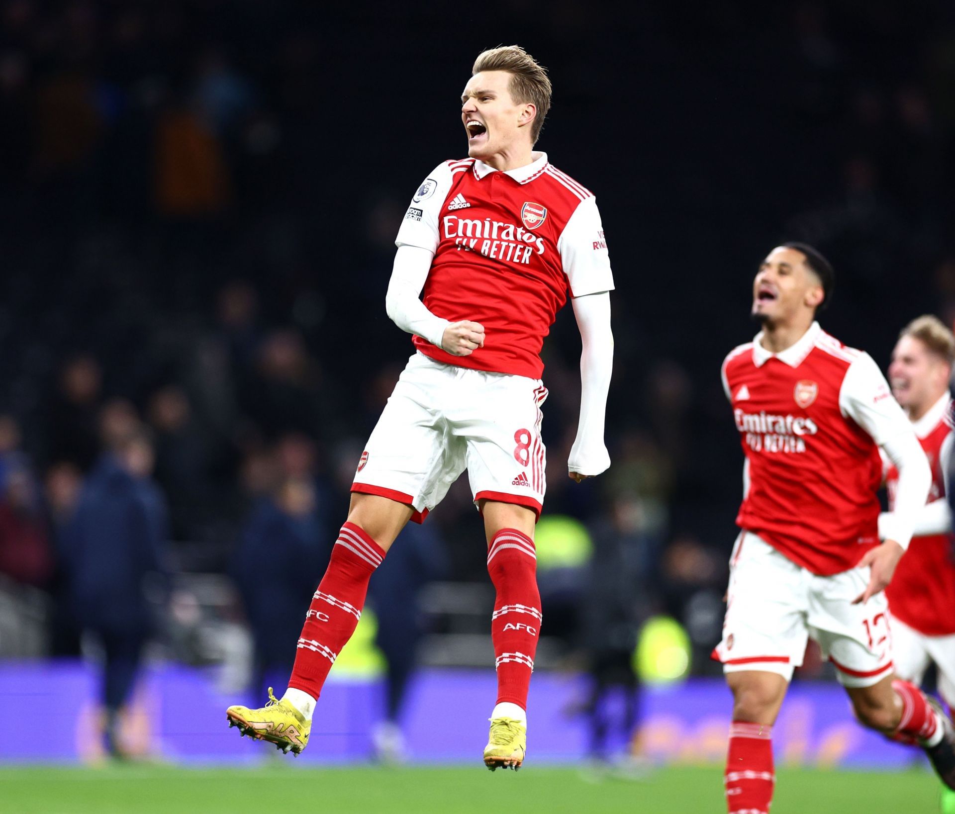 Odegaard celebrates after scoring the second goal against Tottenham hotspur.