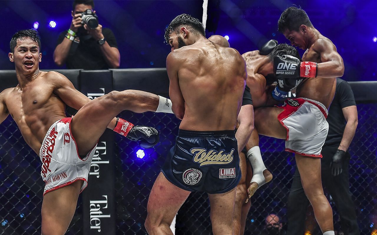 Superbon (left, right), Marat Grigorian (center), photo by ONE Championship