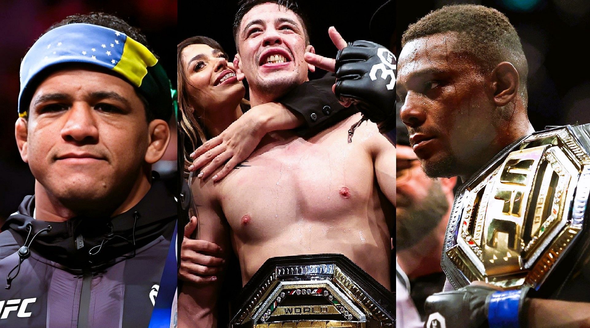 L-R: Gilbert Burns, Brandon Moreno and Jamahal Hill [Images via @GilbertDurinho &amp; @ufc on Twitter]