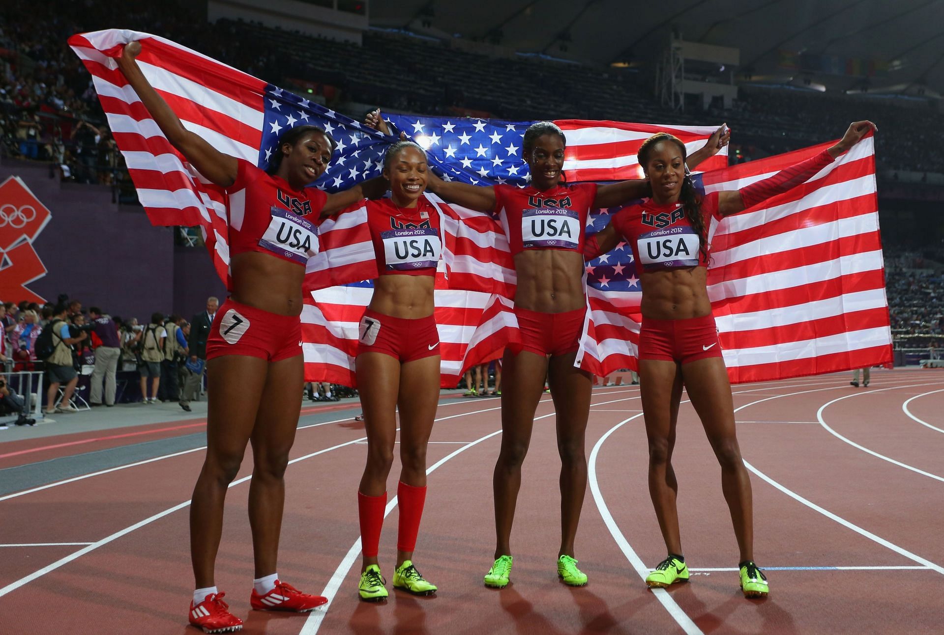 Team USA with American flag in the 2012 London Olmypics