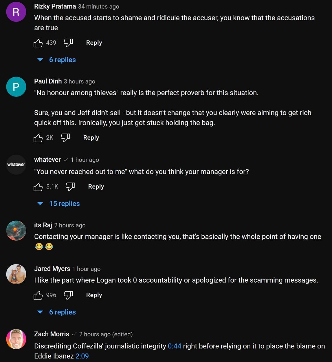 Fans in the YouTube comments section reacting to the influencer&#039;s response (Image via Logan Paul/YouTube)