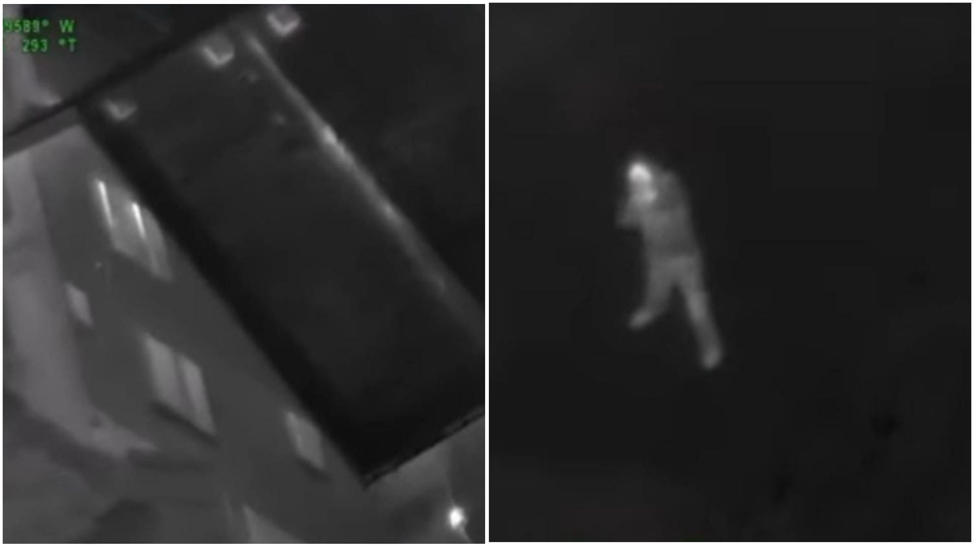 Footage released by Michigan police shows a man shooting at a police helicopter from the backyard of an abandoned house (Screen shots taken from footage provided by the Michigan State Police)