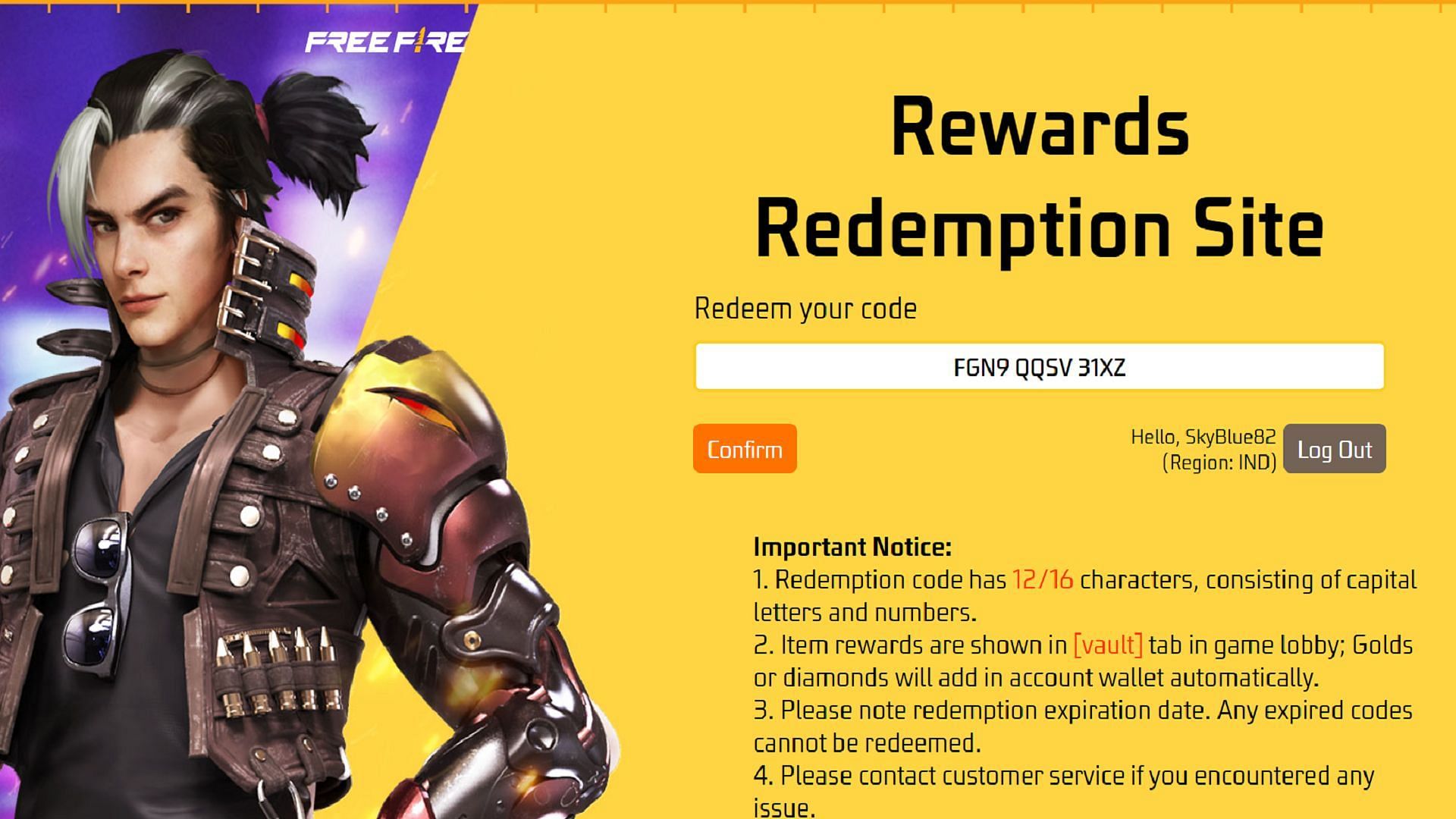 Enter the &quot;FGN9QQSV31XZ&quot; Free Fire redeem code into the text field without errors (Image via Garena)