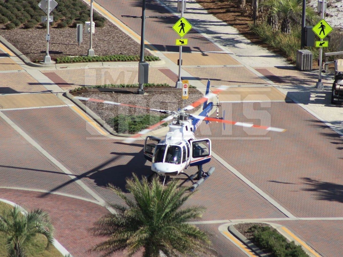 Helicopter waiting to transport Peyton Hillis