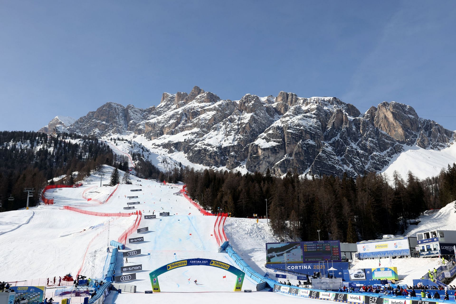 A general view of the course and finish area during the FIS World Ski Championships Men&#039;s Giant Slalom on February 19, 2021, in Cortina d&#039;Ampezzo, Italy. (Photo by Alexander Hassenstein/Getty Images)