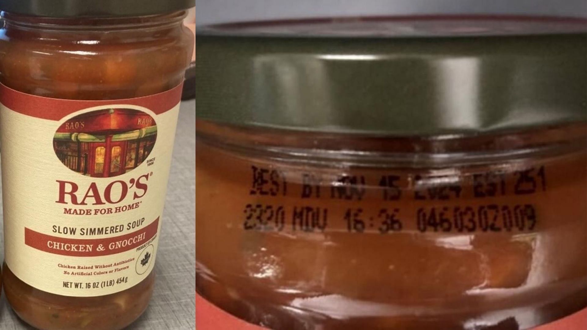Pictures of the recalled Rao&rsquo;s Slow Simmered Chicken &amp; Gnocchi soup jars that are filled with egg-containing vegetable minestrone (Image via FDA)