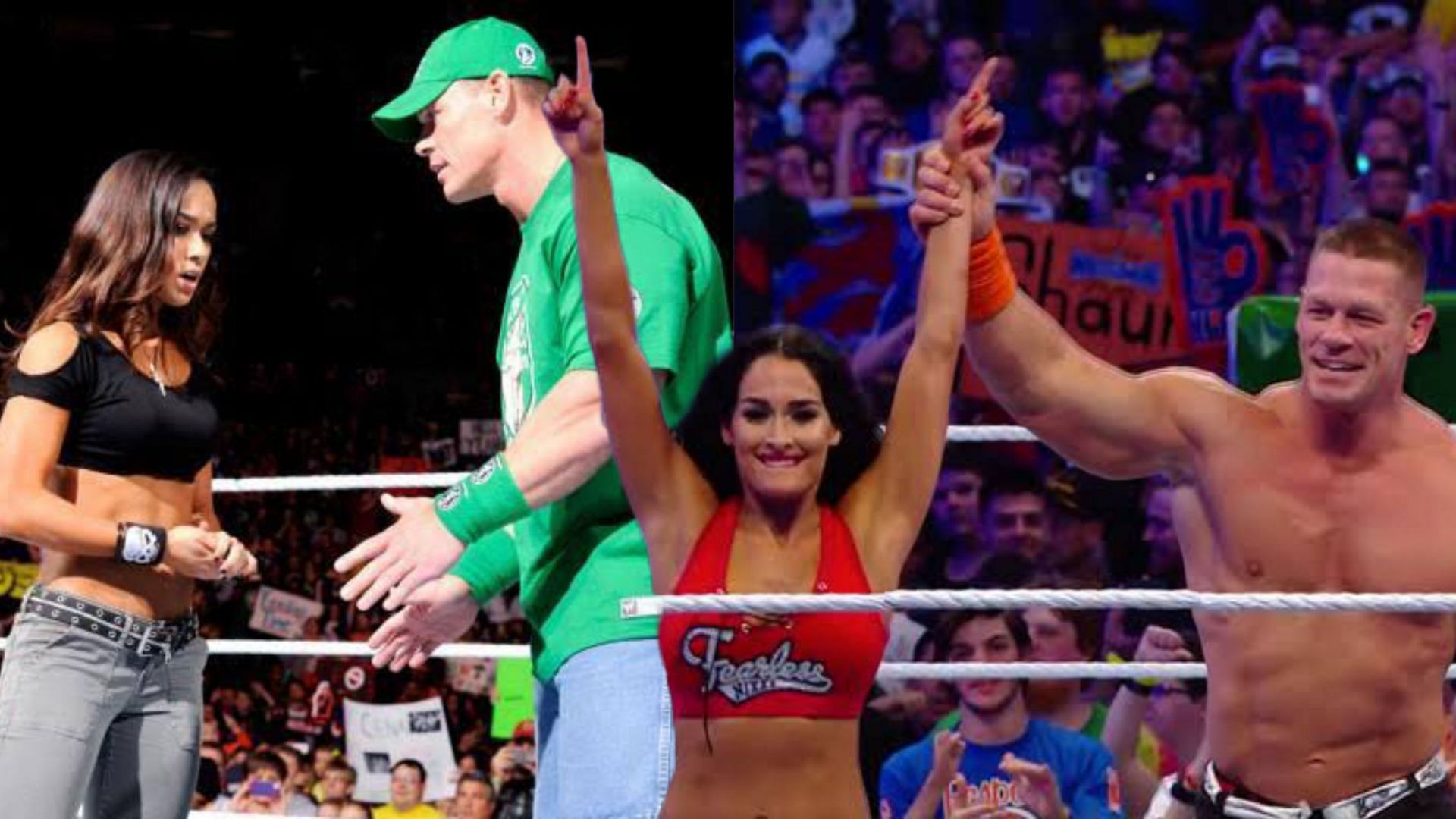 Cena with AJ Lee (L) &amp; with Nikka Bella (R).
