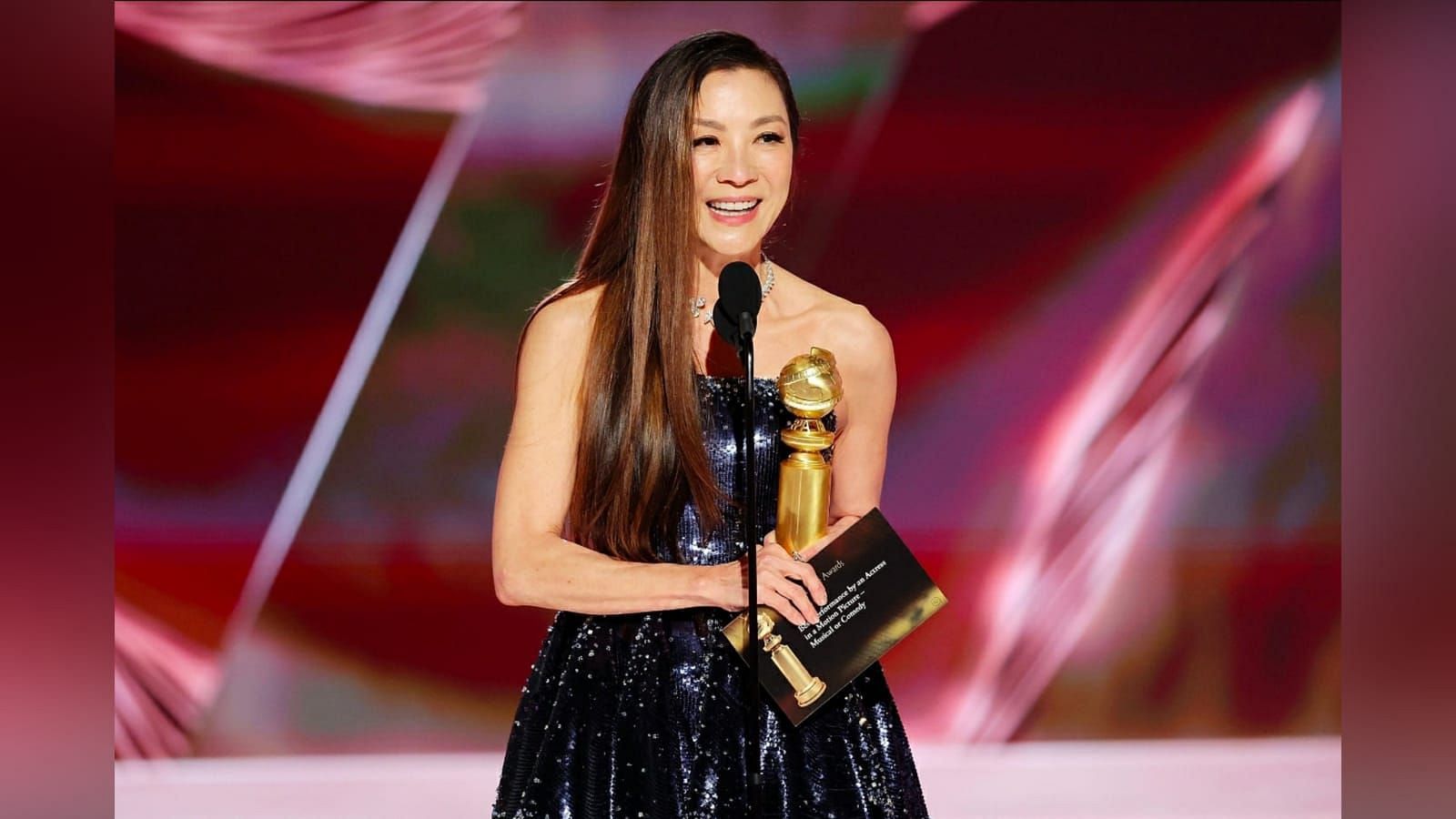 Michelle Yeoh received her first Golden Globe award for her role in Everything Everywhere All at Once (Image via Twitter/@richardker)