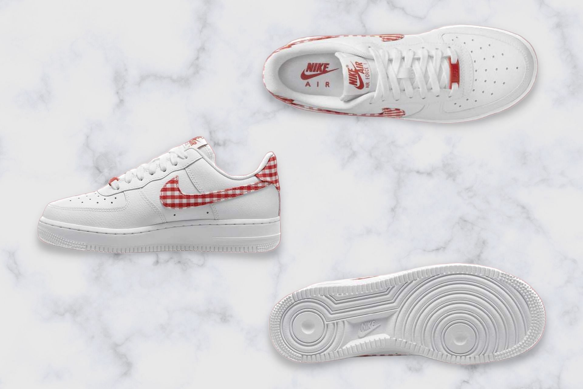 A detailed look at the upcoming Air Force 1 Low Gingham White Mystic Red colorway (Image via Sportskeeda)