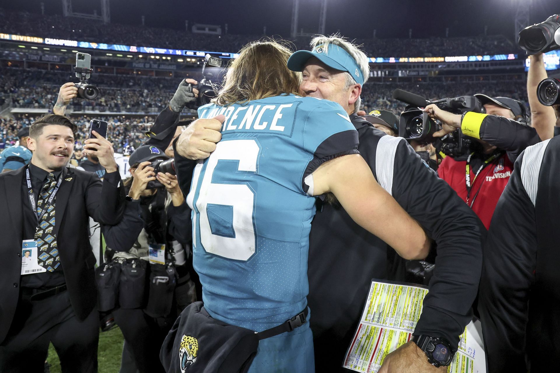 Trevor Lawrence and Doug Pederson celebrate AFC South title with win vs. Titans