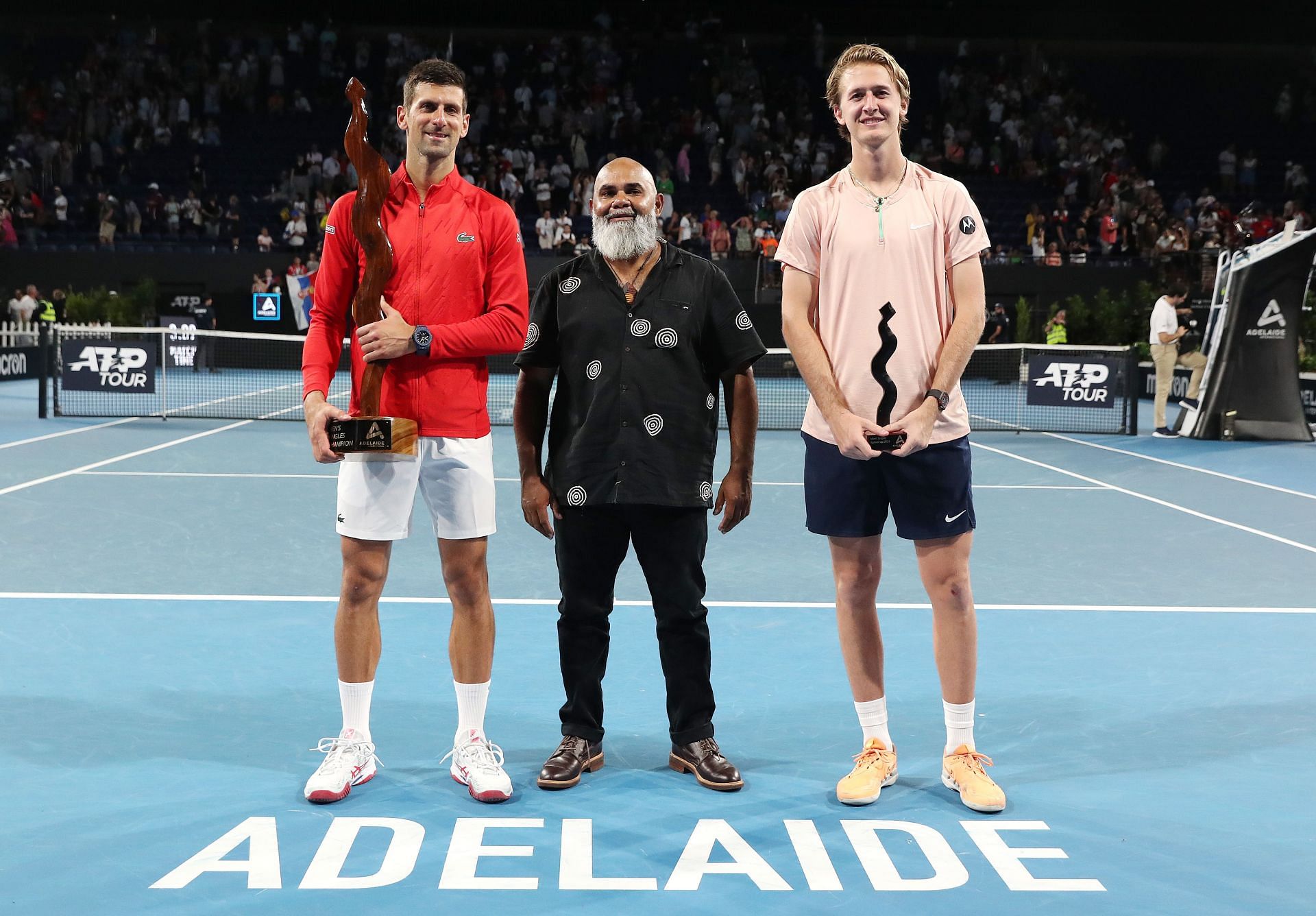 Novak Djokovic, Patrick Ferguson and Sebastian Korda at the 2023 Adelaide International 1