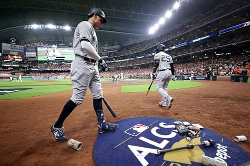 Aaron Judge #99 of the New York Yankees on the field prior to an at bat during the first inning against the Houston Astros in game one of the American League Championship Series at Minute Maid Park on October 19, 2022 in Houston, Texas.