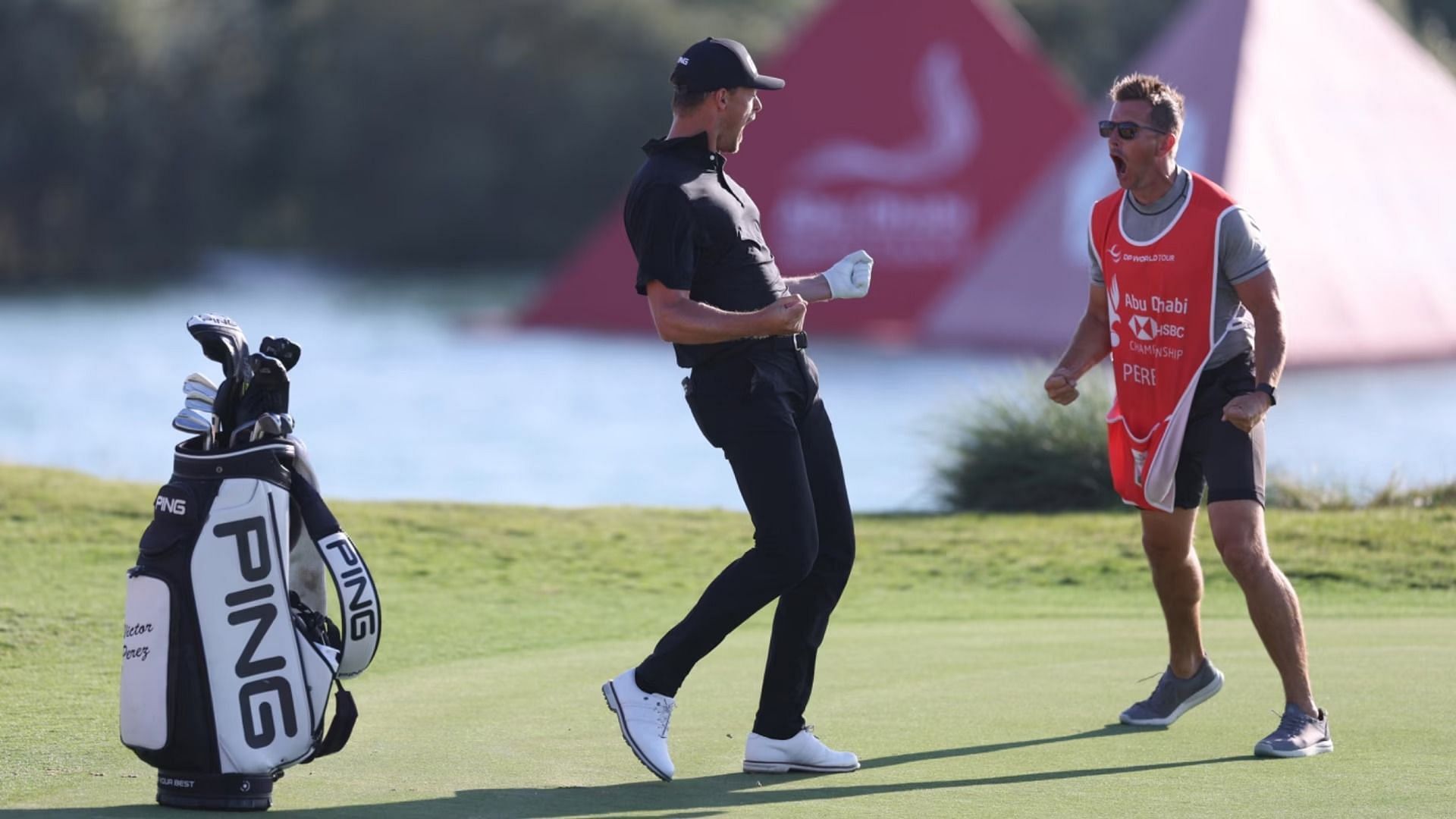 Perez celebrating after hitting &quot;shot of his life&quot; on 17th hole(Image via Getty)