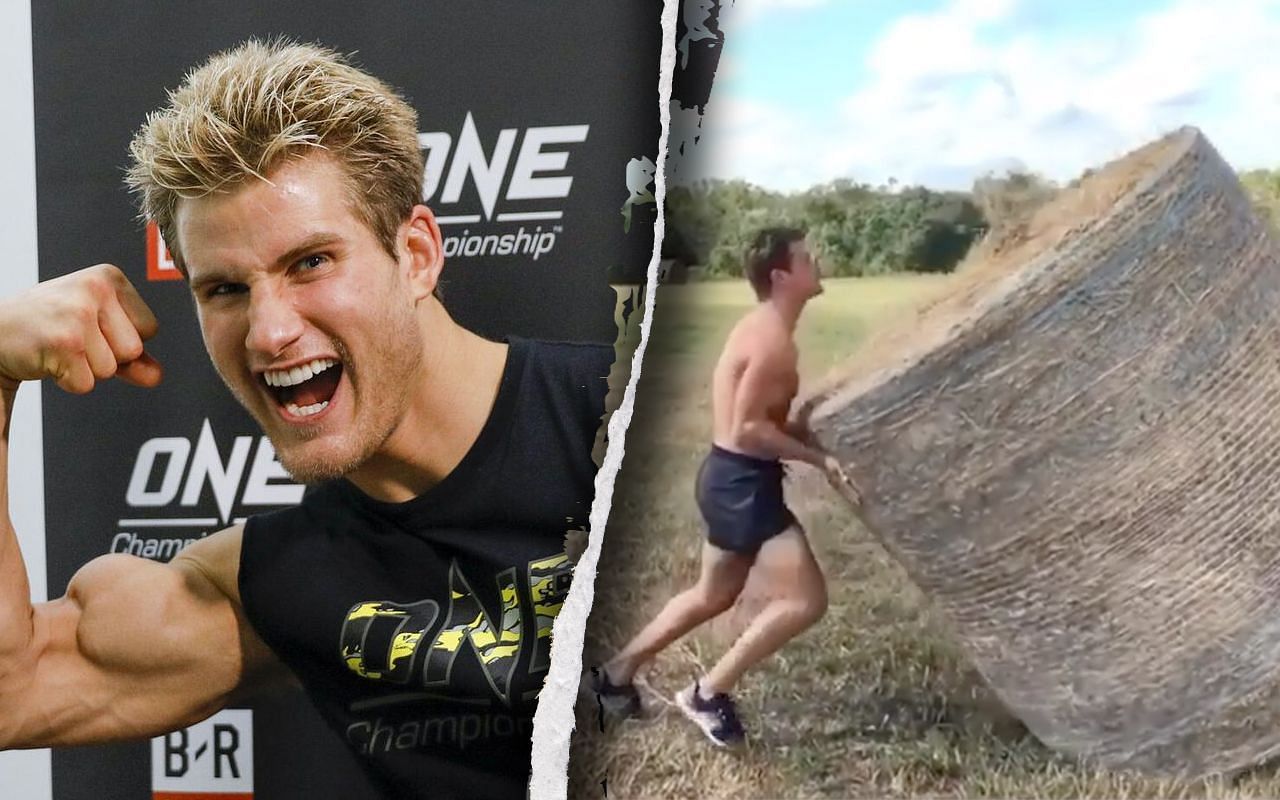 Sage Northcutt works out with a huge stack of hay.