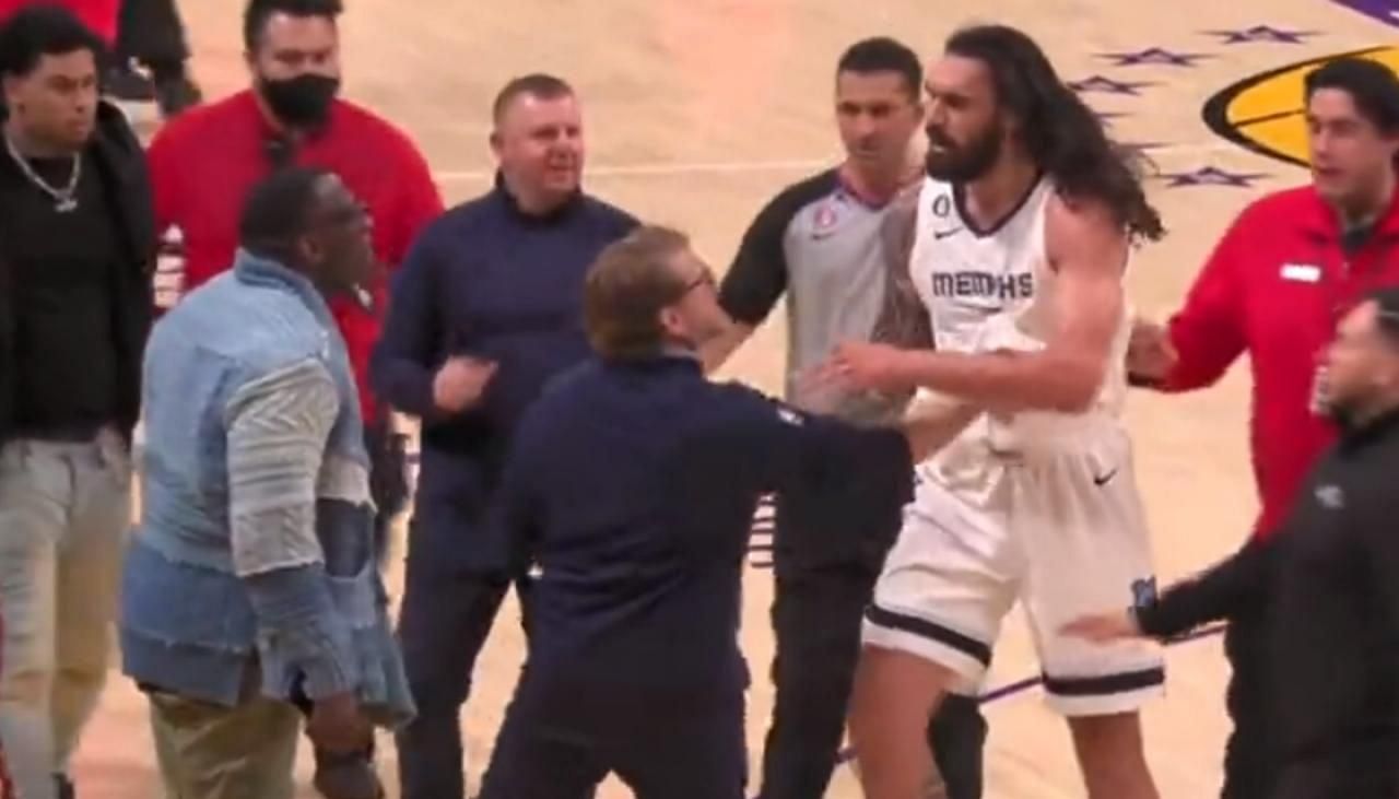 Memphis Grizzlies big man Steven Adams during the altercation between the Grizzlies and football Hall of Famer Shannon Sharpe during Friday&#039;s game versus the LA Lakers