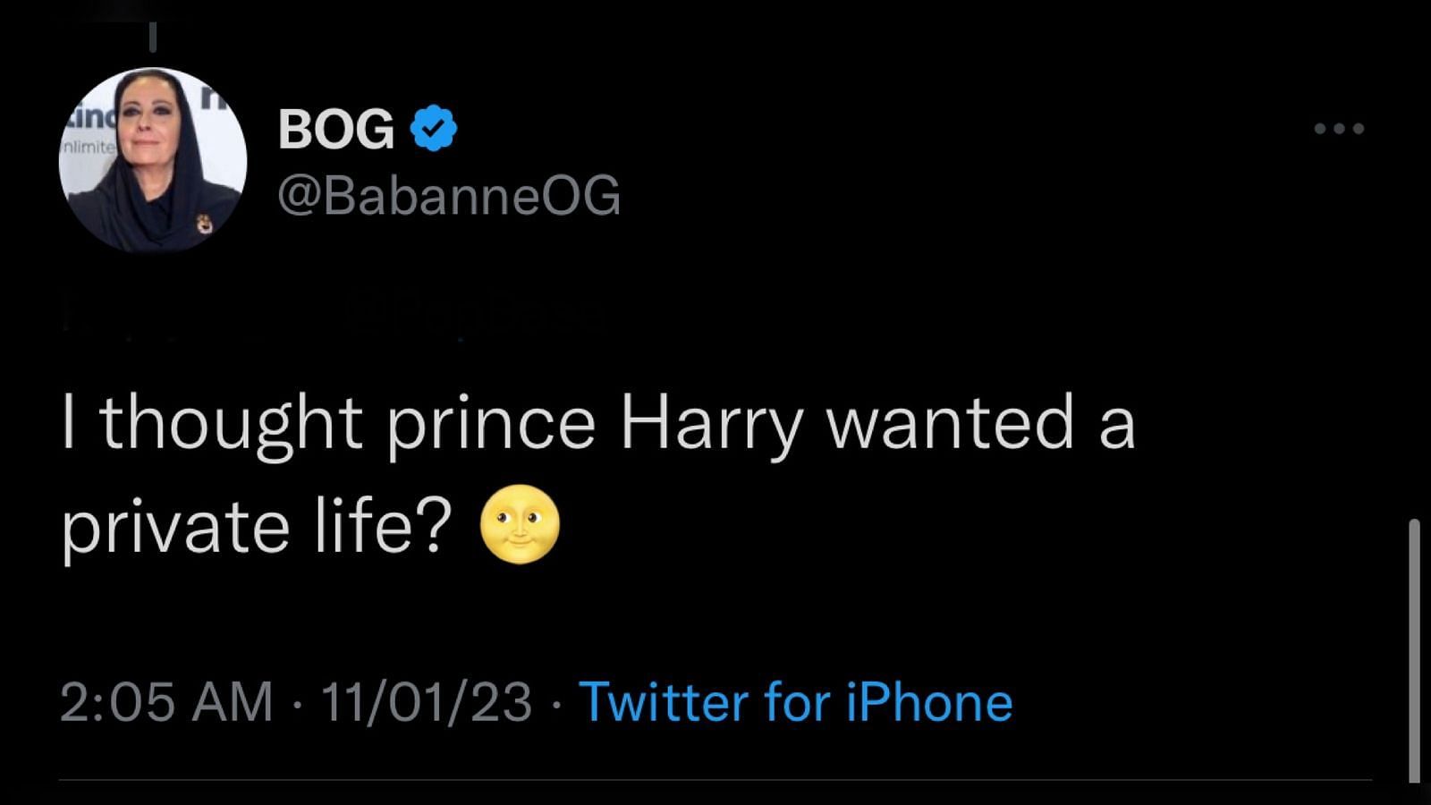 Screenshot of a Twitter user reacting to the Duke of Sussex&#039;s hallucination experience.