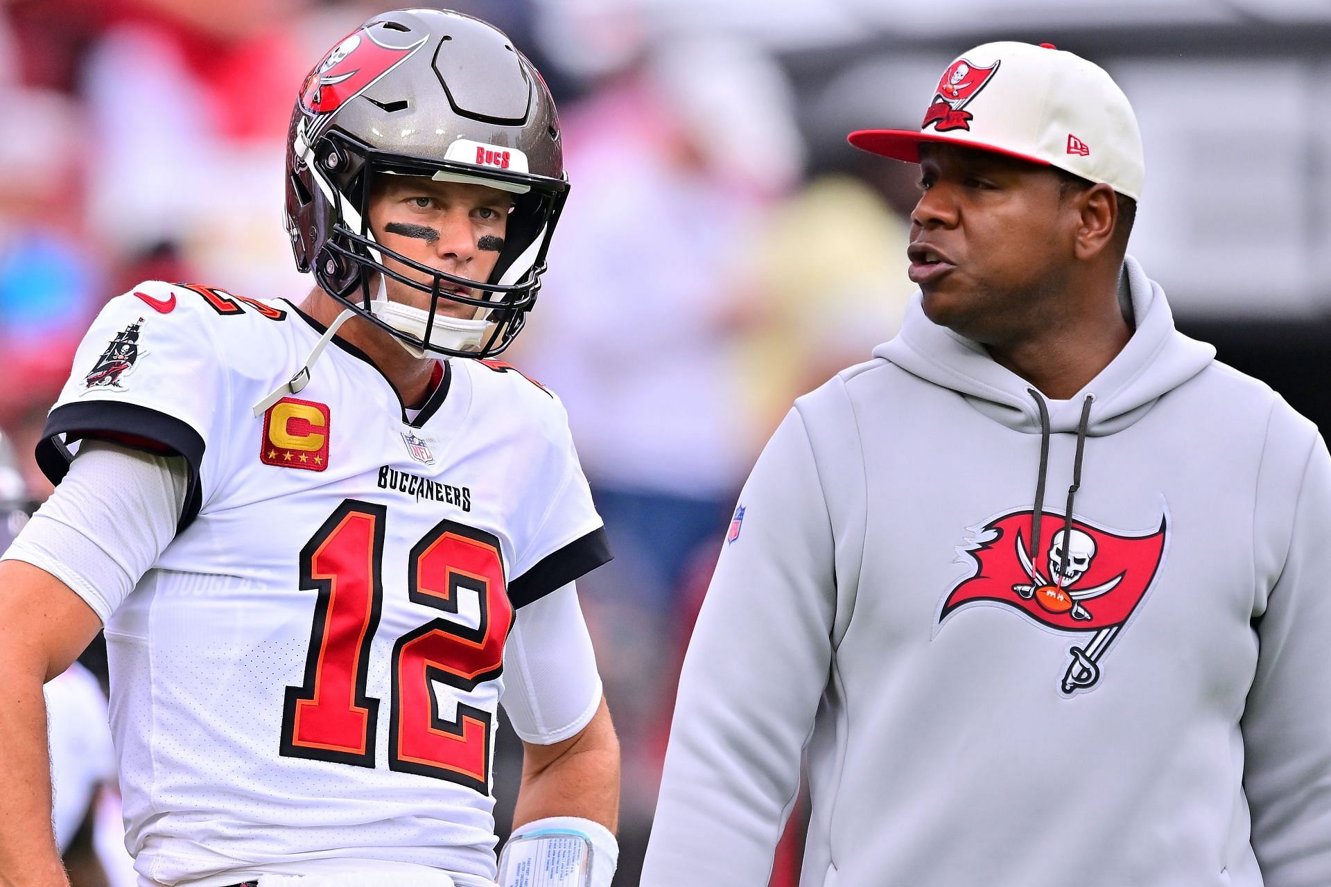 Byron Leftwich and Tom Brady at the Carolina Panthers v Tampa Bay Buccaneers game