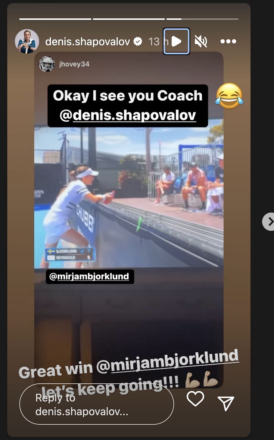 Denis Shapovalov&#039;s Instagram story congratulating Mirjam Bjorklund on her win