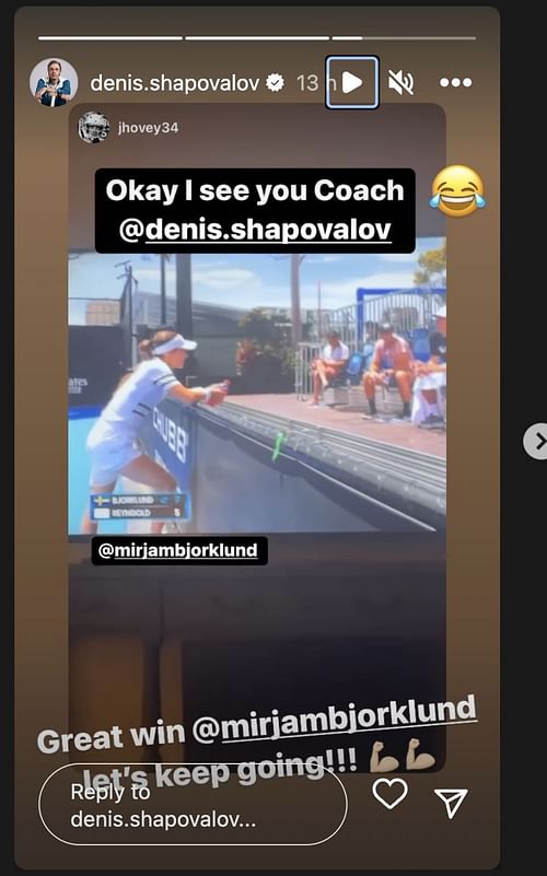 Denis Shapovalov's Instagram story congratulating Mirjam Bjorklund on her win