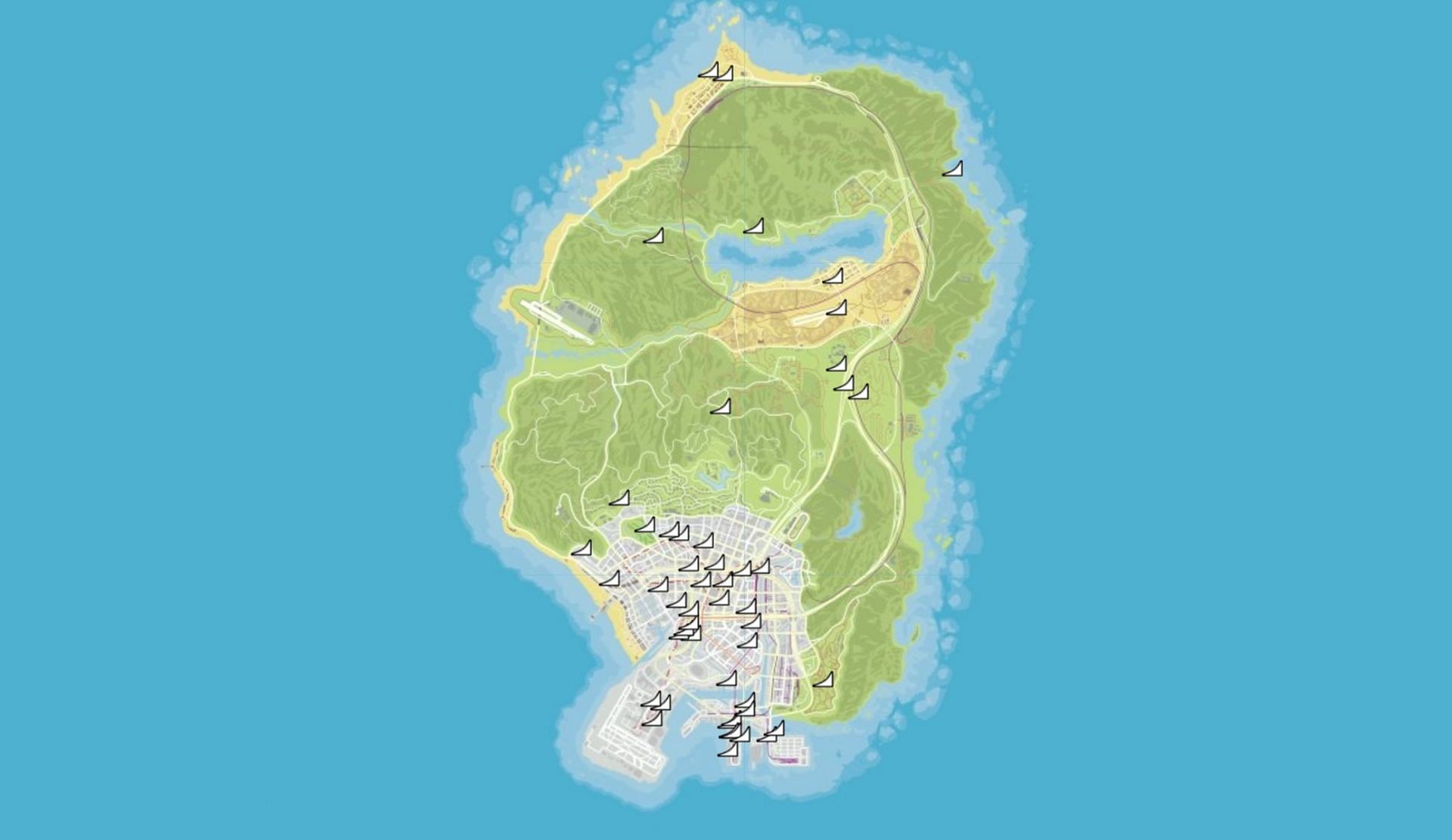 A map of all Stunt Jumps to help players get the Willard Eudora livery (Image via GTAWeb.eu)