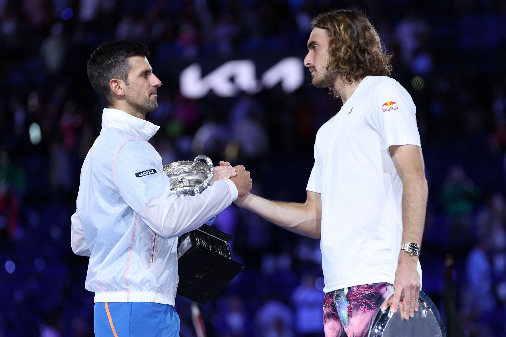 Novak Djokovic and Stefanos Tsitsipas pictured at the 2023 Australian Open finals.