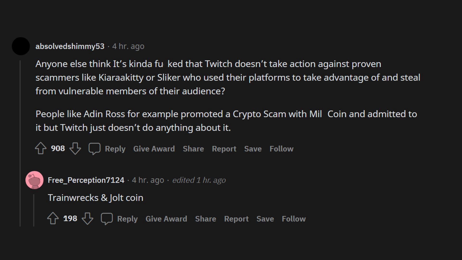 Redditors discussing scammy streamers that Twitch doesn't ban (Image via r/LivestreamFail)