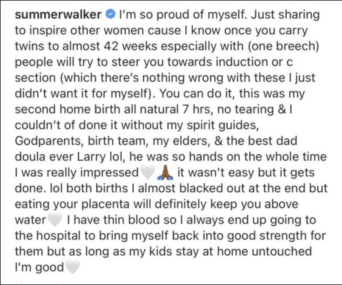 Summer shared the good news of giving birth to twins through Instagram stories. (Image via Instagram)