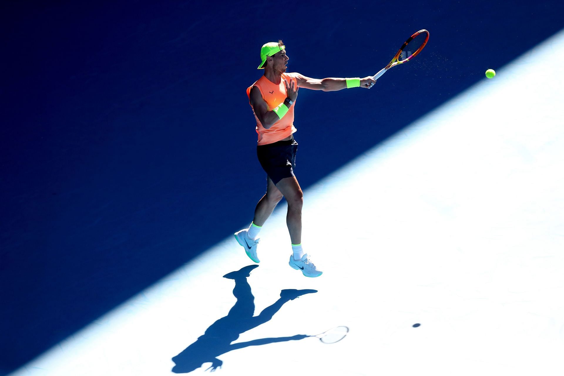 Rafael Nadal plays a forehand during a practice session ahead of the 2023 Australian Open