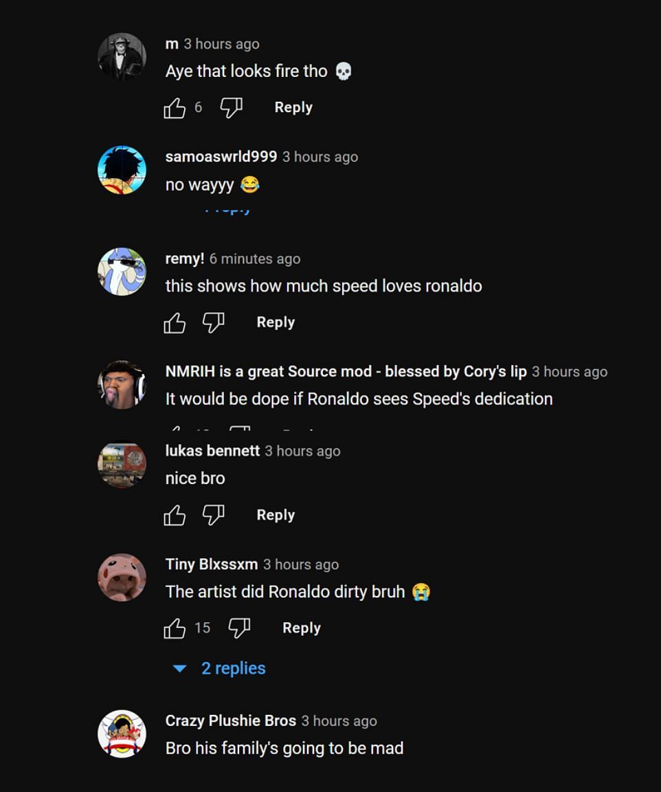 Fans in the YouTube comments section react to the streamer&#039;s new Ronaldo tattoo (Image via Speedy Boykins/YouTube)