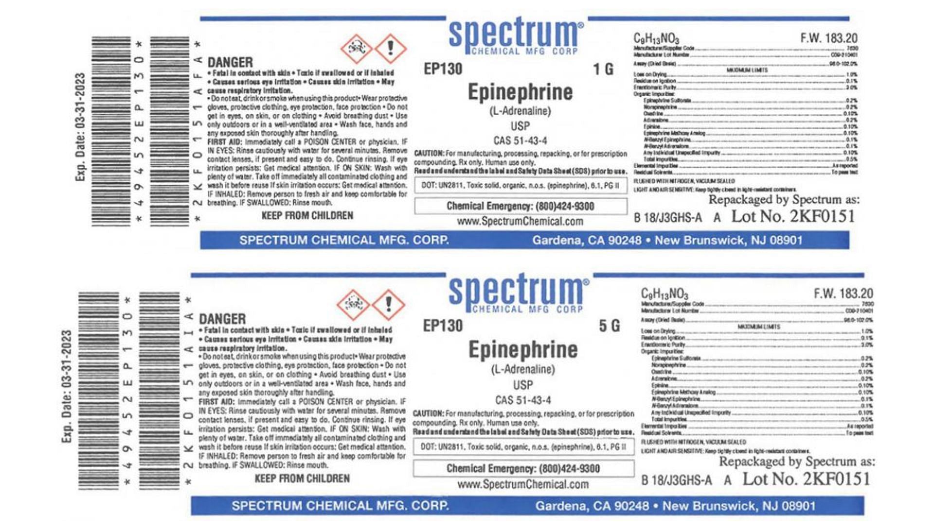 Labels of the recalled 1 gram and 5 grams Spectrum Epinephrine Bulk API Powder drug (L-Adrenaline) USP drug (Image via FDA)