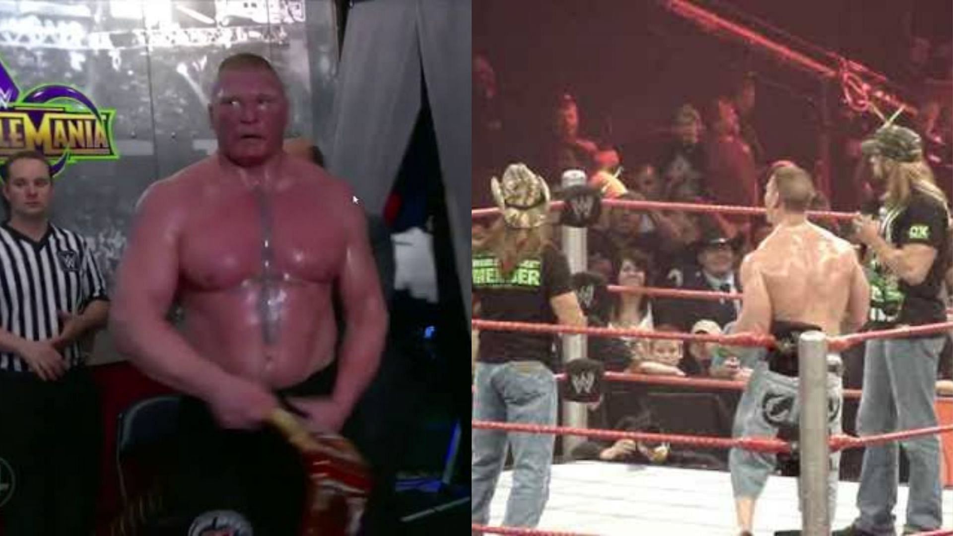 Brock Lesnar (L); Shawn Michaels, John Cena and Triple H (R).