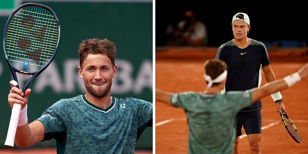 Casper Ruud (L); Ruud and Holger Rune at the 2022 French Open 