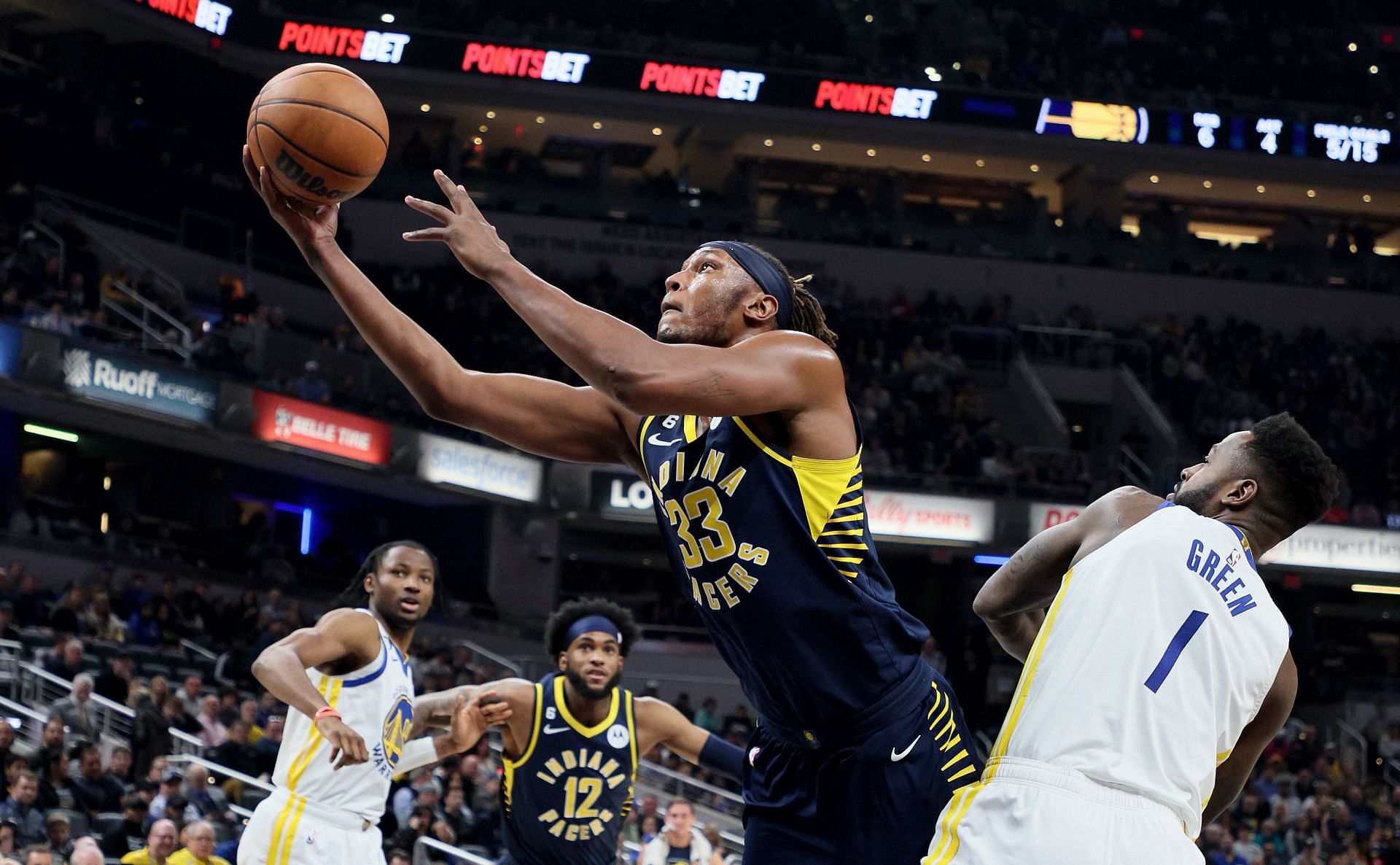 Myles Turner of the Indiana Pacers against the Golden State Warriors
