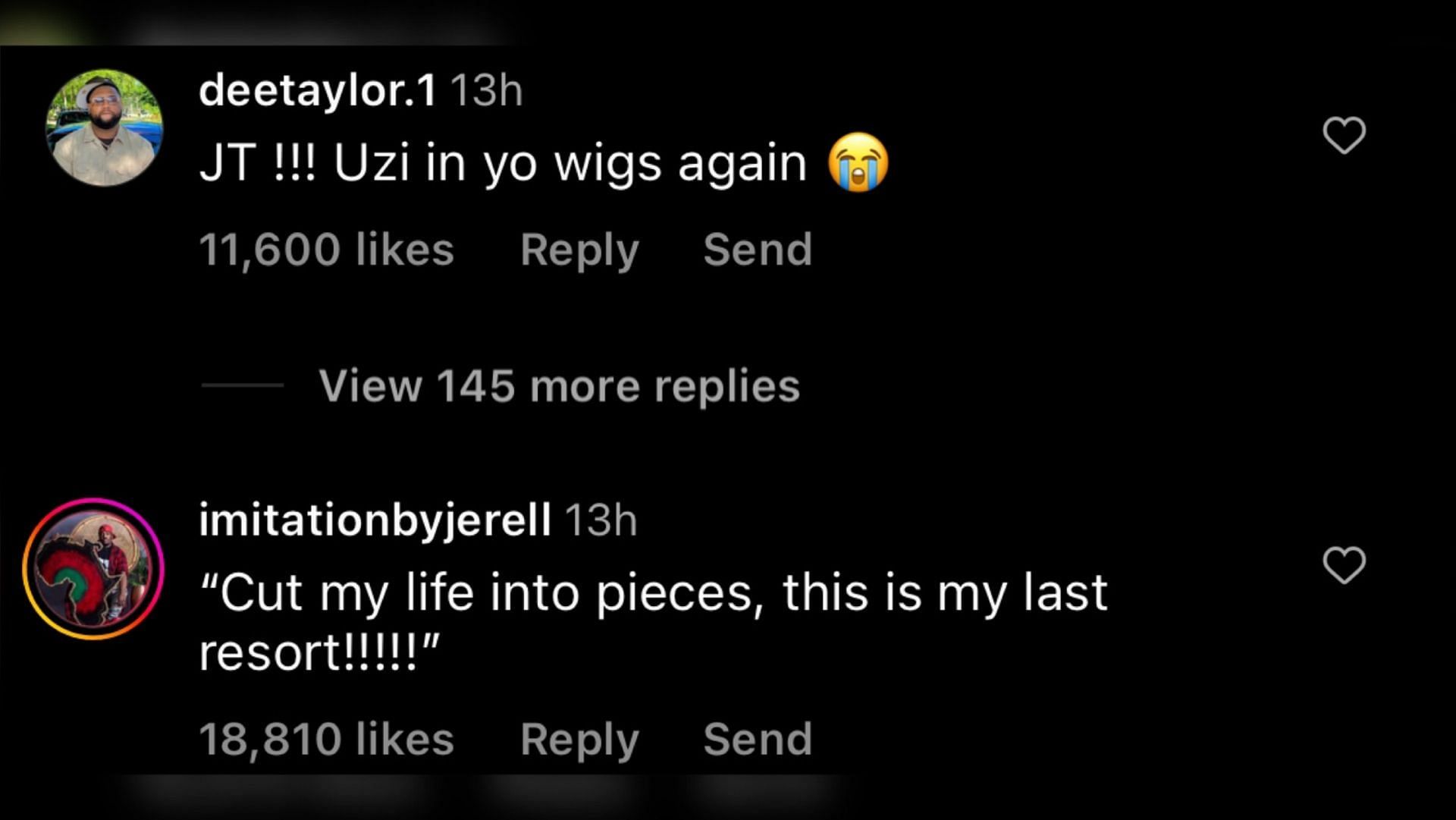 Screenshot of Instagram users reacting to Uzi&#039;s new haircut.