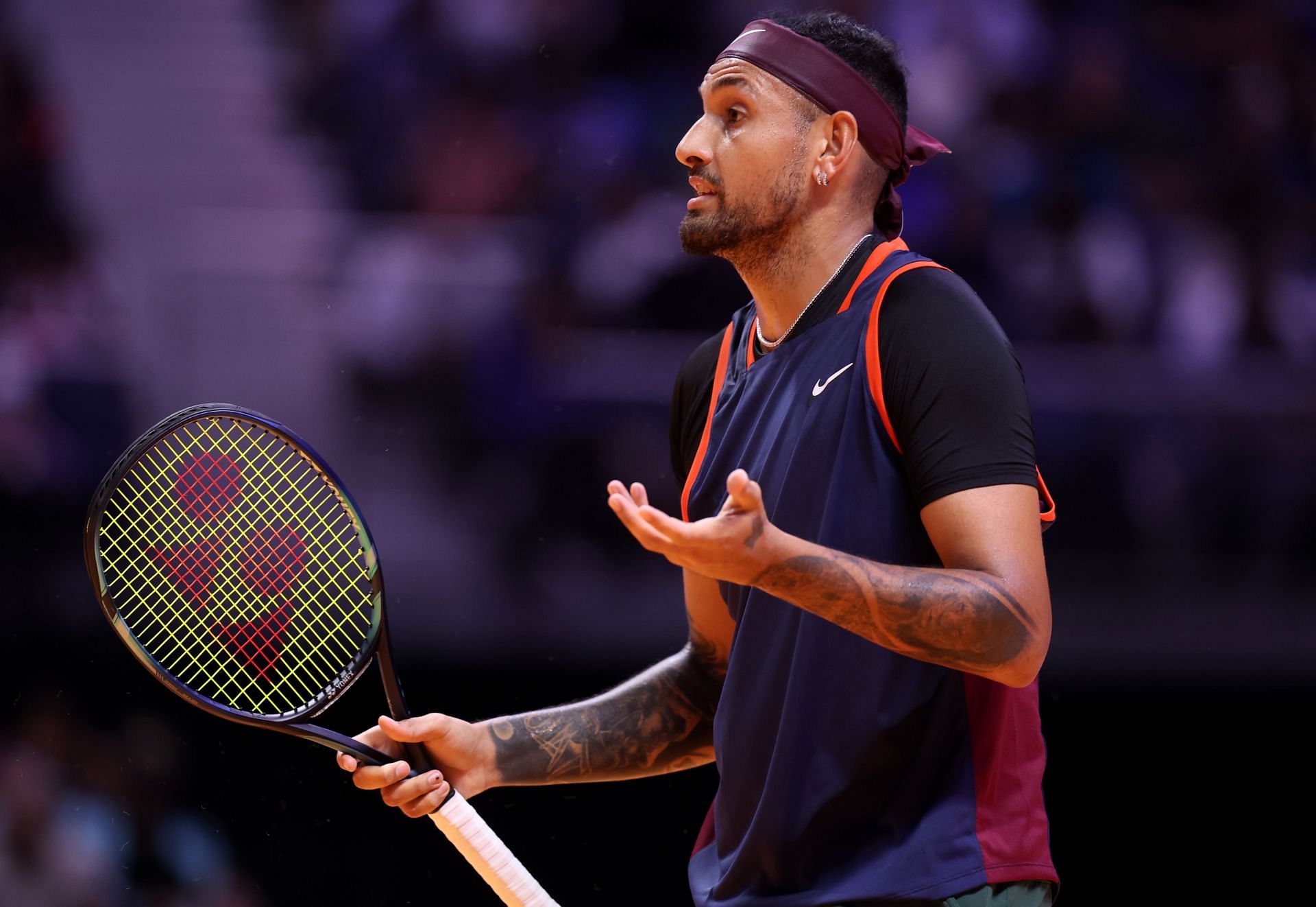 Nick Kyrgios reacts in their men&#039;s singles match against Grigor Dimitrov