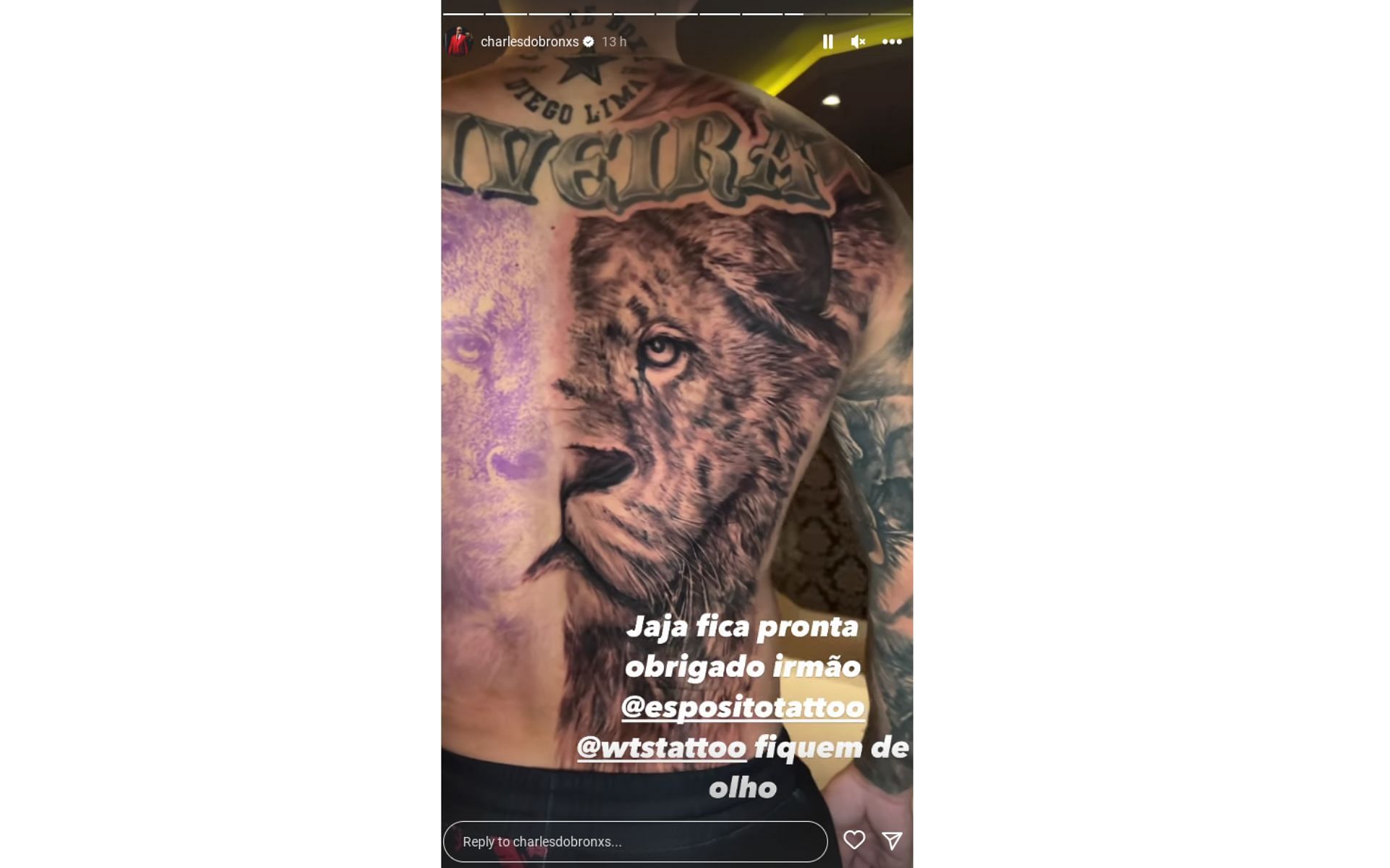Former UFC champ Charles Oliveira shows off new massive lion tattoo