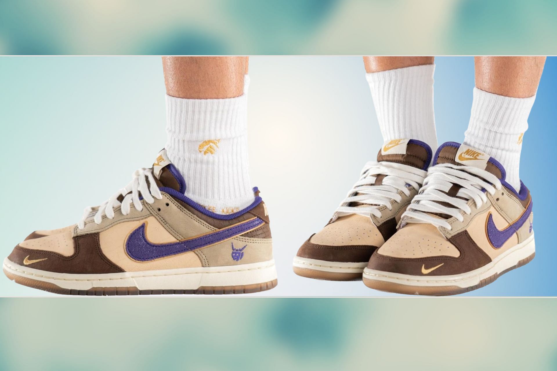 Here&#039;s a closer on-foot images of the themed sneakers (Image via Nike and Sportskeeda)