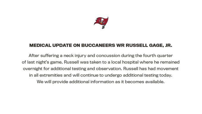 Bucs WR Russell Gage hospitalized overnight with neck injury, has movement  in extremities