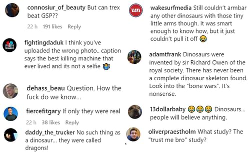 Fans comment on Georges St-Pierre's post about dinosaurs [via Instagram @georgesstpierre]