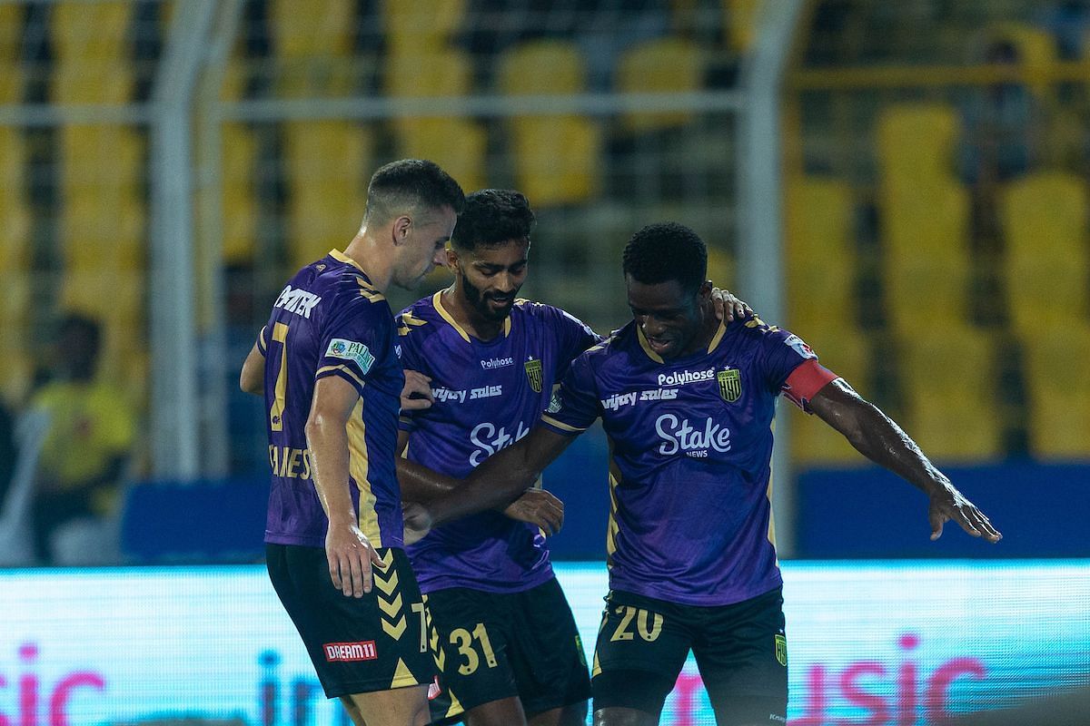 Bartholomew Ogbeche celebrates his goal with teammates after putting HFC into the lead against FCG