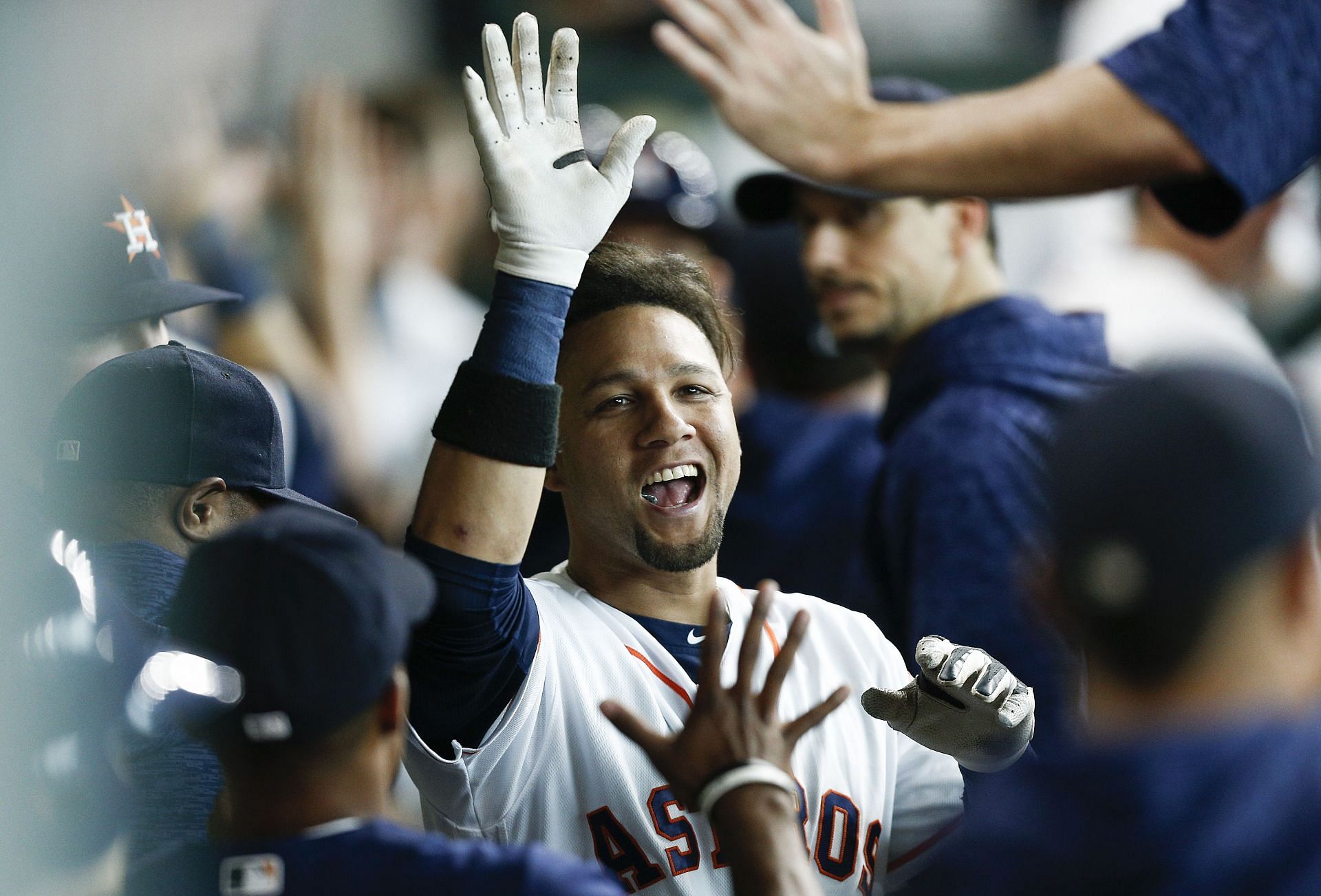 HOUSTON, TX - JULY 07: Yuli Gurriel #10 of the Houston Astros celebrates in the dugout after hitting a three-run home run in the third inning against the Chicago White Sox at Minute Maid Park on July 7, 2018 in Houston, Texas. (Photo by Bob Levey/Getty Images)