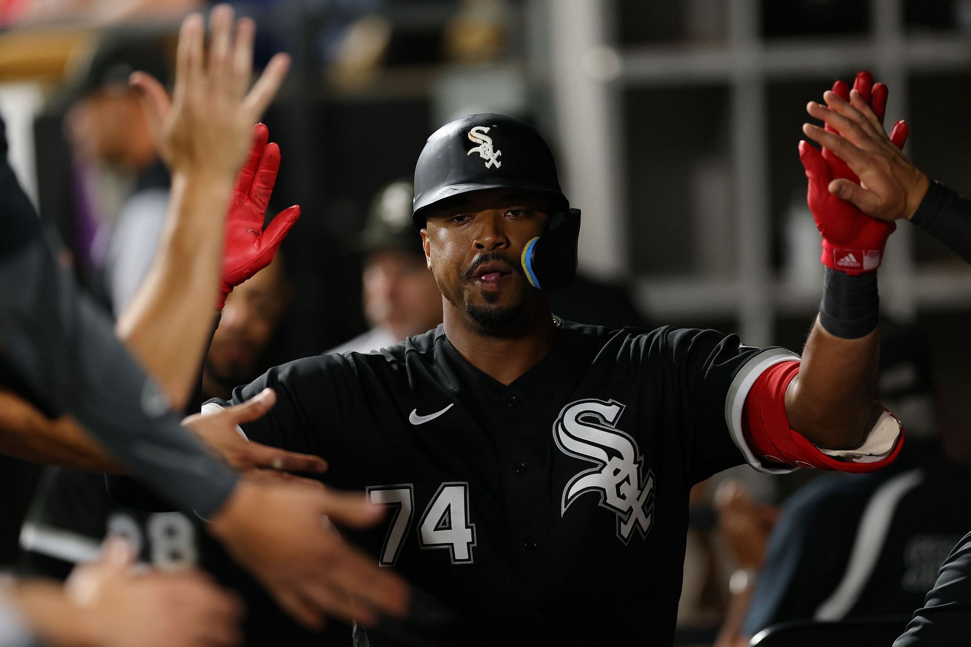 Eloy Jimenez of the Chicago White Sox celebrates after hitting a solo home run.