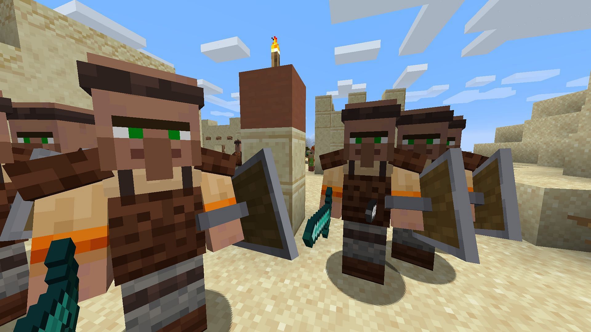 Desert guards ready for battle in the Guard Villagers mod for Minecraft (Image via almightytallestred/CurseForge)